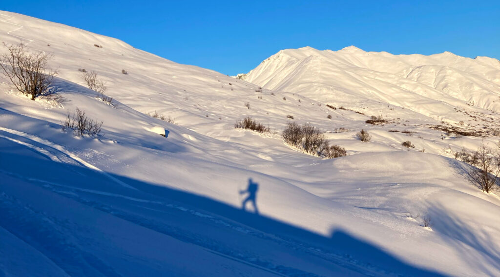 The silhouette of a backcountry skiier skinning up the mid-mountain at Skeetawk in Hatcher Pass, Alaska.